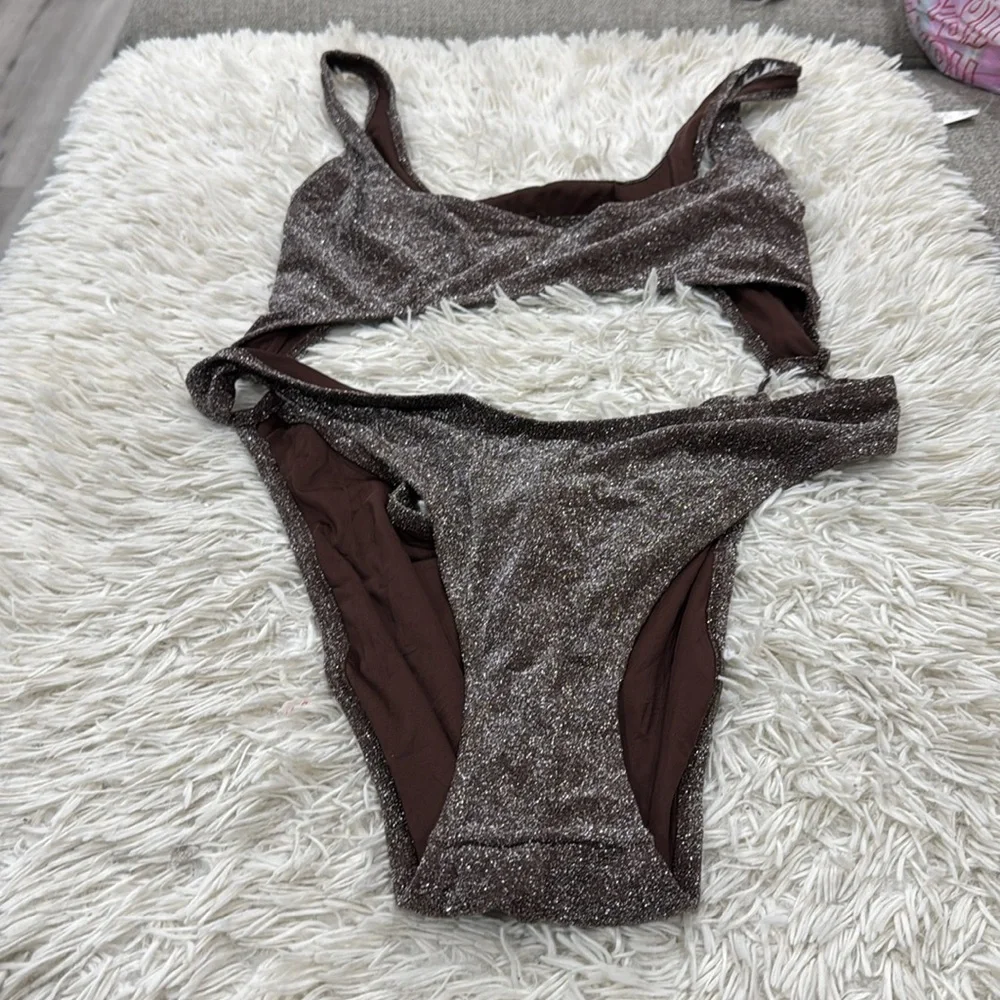 Skims Metallic Glitter Swim Cut Out Monokini One Piece in Cocoa